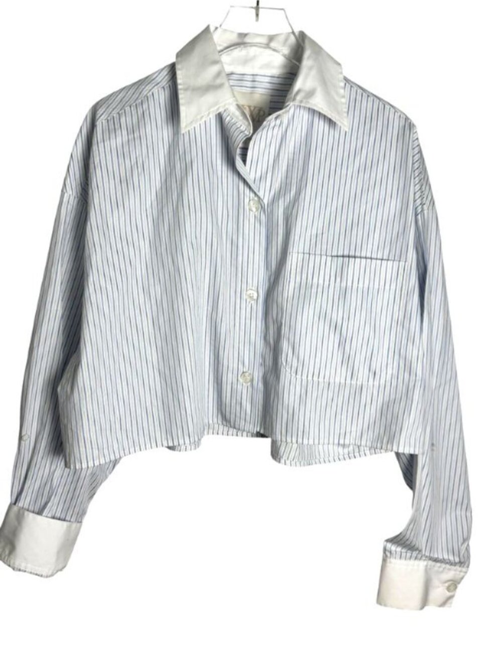 TWP Soon To Be Ex Shirt Womens XS/S Blue White Striped Cotton Cropped Button Up - Picture 2 of 7